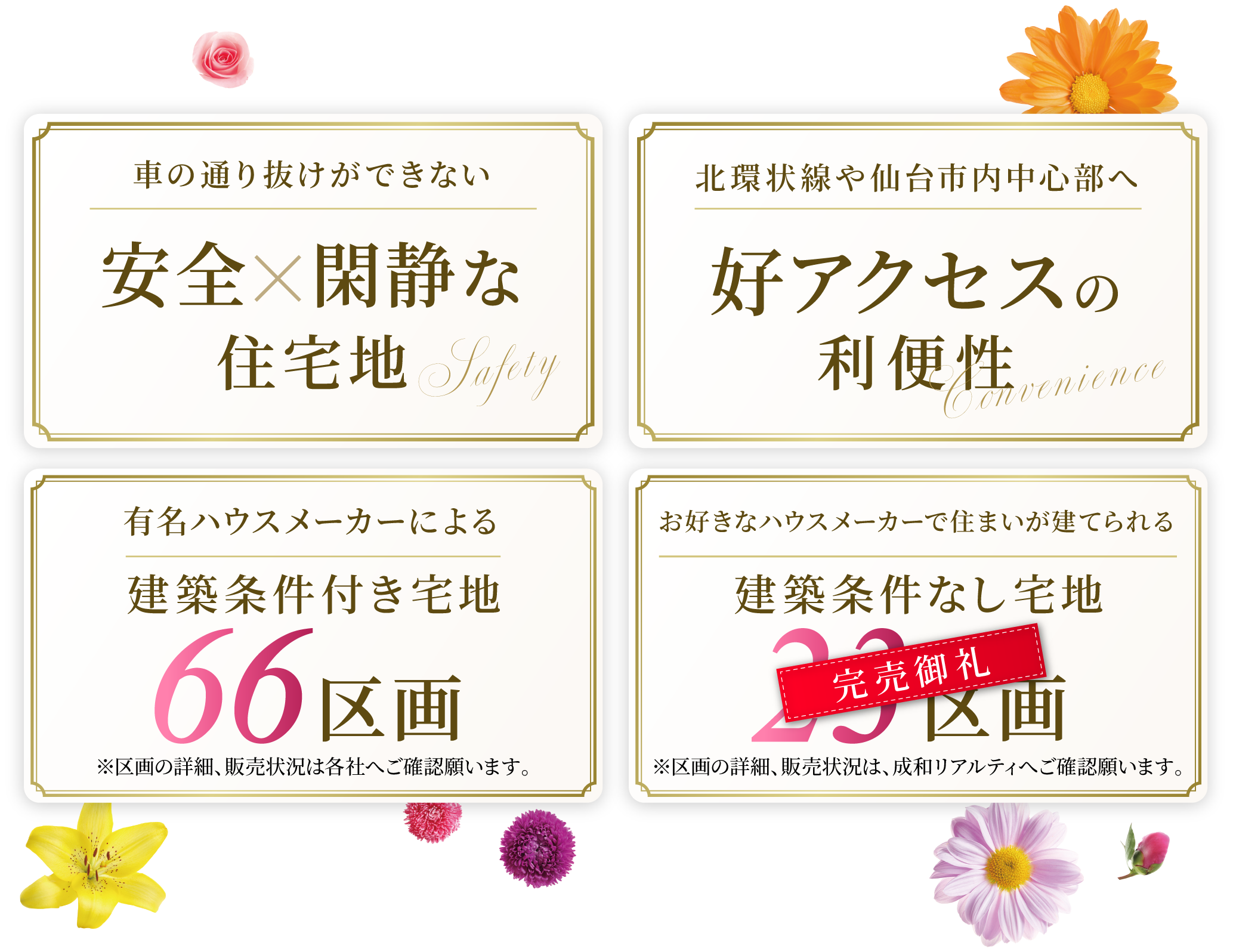 安全閑静な住宅地、好アクセスの利便性、建築条件付き宅地66区画、建築条件なし宅地23区画