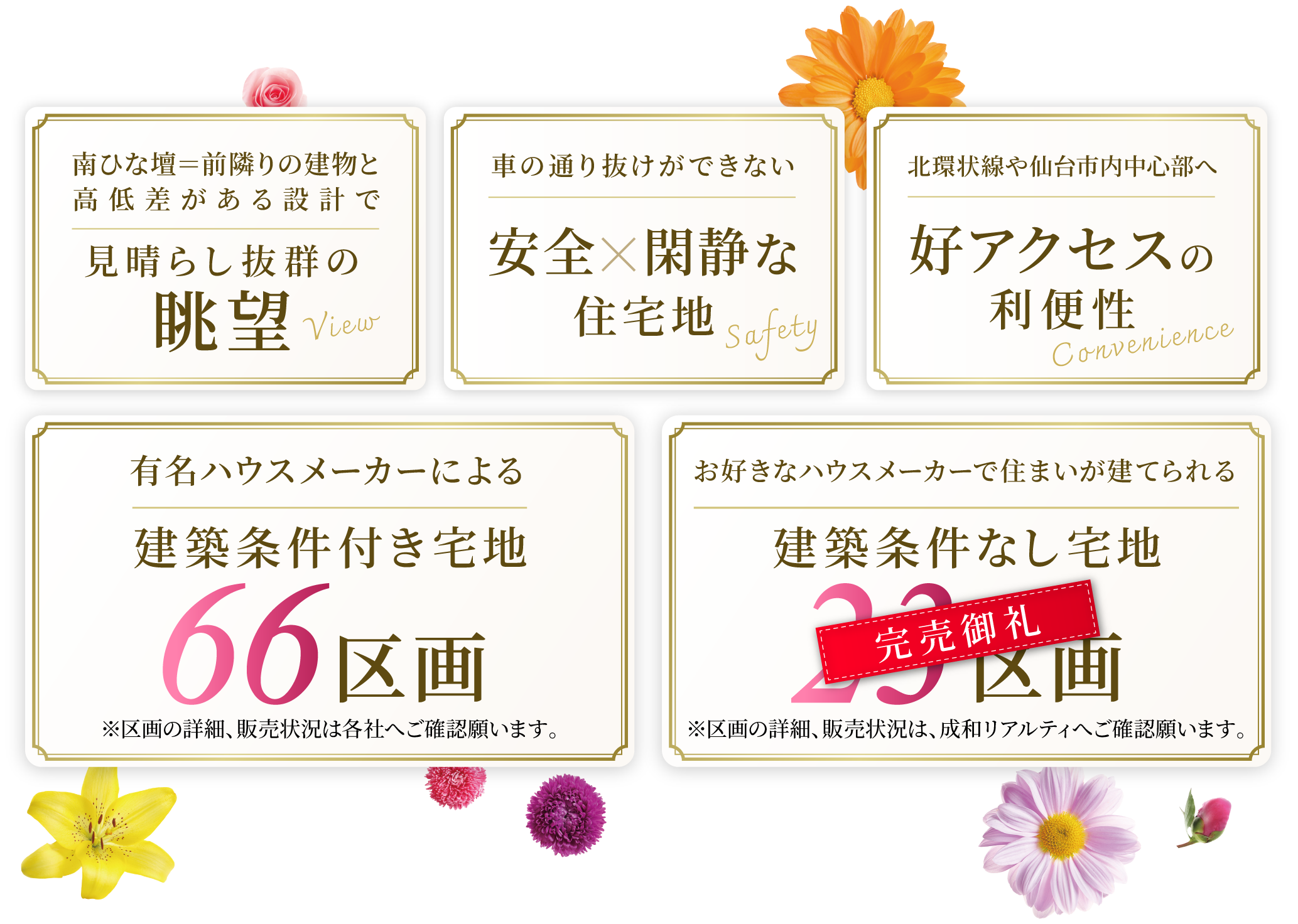 見晴らしの眺望、安全閑静な住宅地、好アクセスの利便性、建築条件付き宅地66区画、建築条件なし宅地23区画